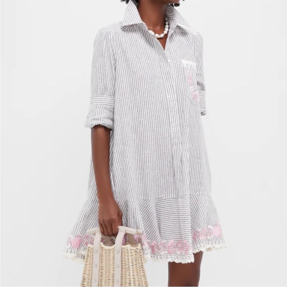 NWT Tuckernuck Tan Stripe Embroidered Floral Callahan Shirt Dress